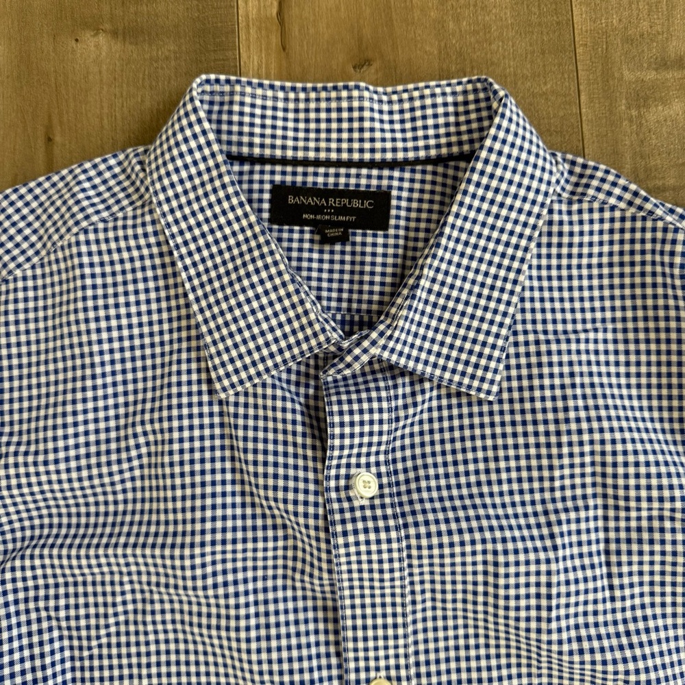 Banana Republic Slim Fit Non Iron Long Sleeve Button Up Men XL Blue‎ White Check